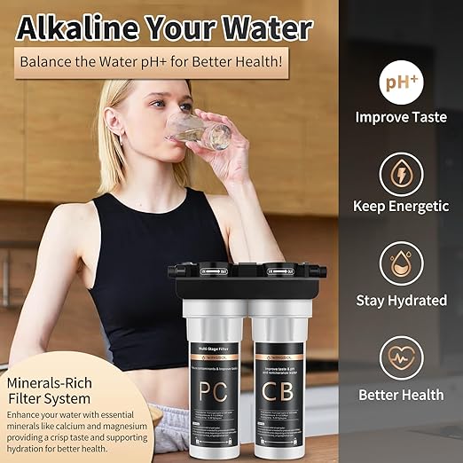 WINGSOL Under Sink Alkaline Water Filter, 2-Stage Water Filter System Reduces Heavy Metals, Chlorine, Sediment, Improves pH and Taste, Remineralization, NSF 42&53 Certified Under Sink Filter