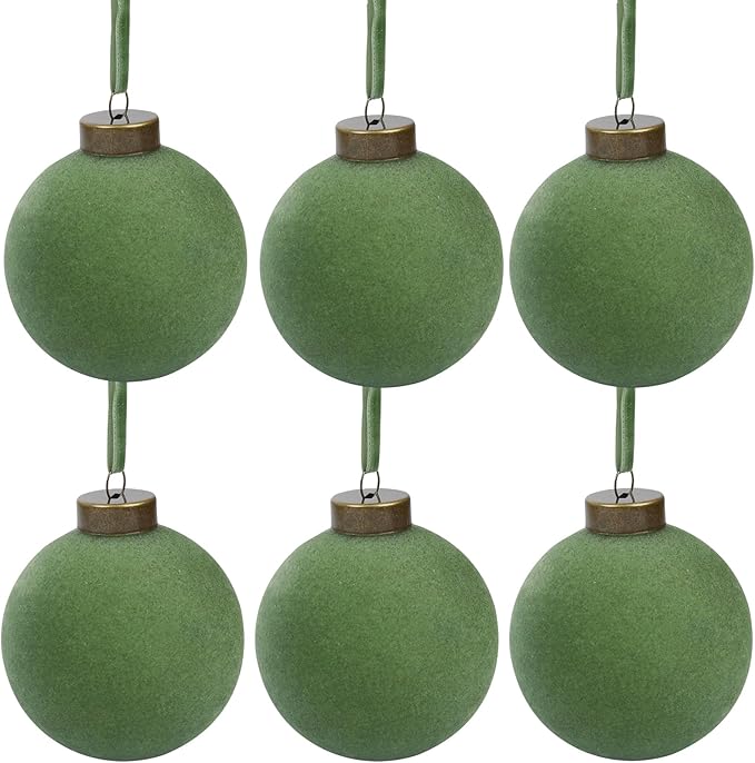 6 Pcs Velvet Christmas Balls Bulk Shatterproof Plastic Christmas Tree Decorations for Decorative Hanging Baubles (6, Green, 3.94Inch)