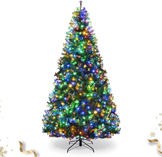 HAPPYGRILL 8FT Pre-Lit Christmas Tree with 2128 PVC Branch Tips and Foldable Base, Premium Artificial Spruce Tree Hinged Xmas Tree for Holiday Decor
