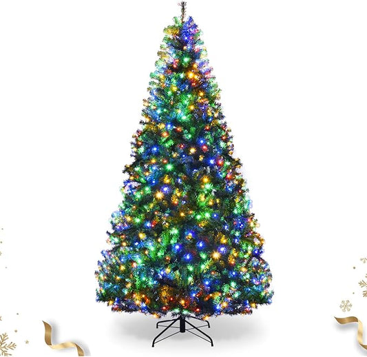HAPPYGRILL 8FT Pre-Lit Christmas Tree with 2128 PVC Branch Tips and Foldable Base, Premium Artificial Spruce Tree Hinged Xmas Tree for Holiday Decor