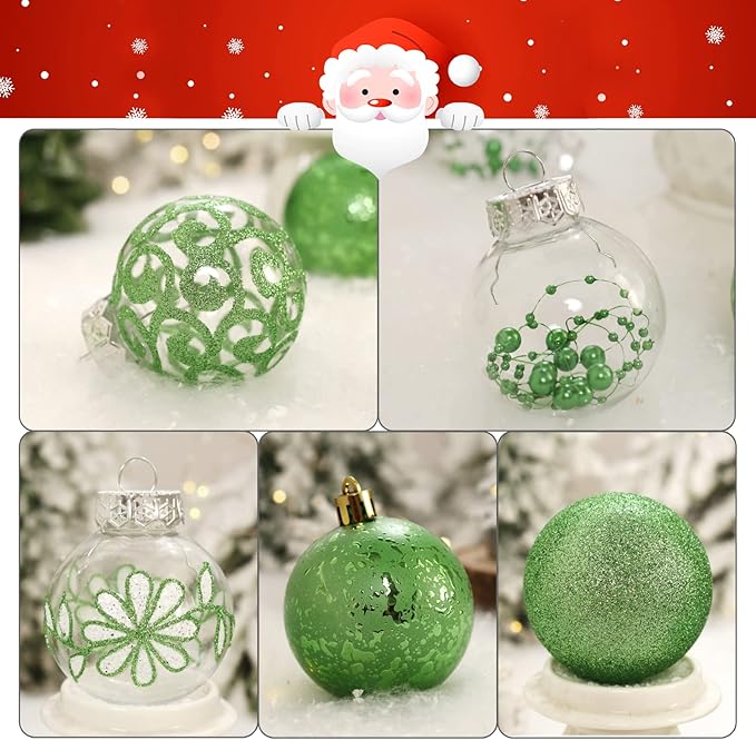 Clear Christmas Ornaments Set, 30ct 2.36inch Green Christmas Ornaments Balls for Christmas Tree Decoration Shatterproof Hanging Baubles with Stuffed Decoration for Halloween Thanksgiving Wedding Party