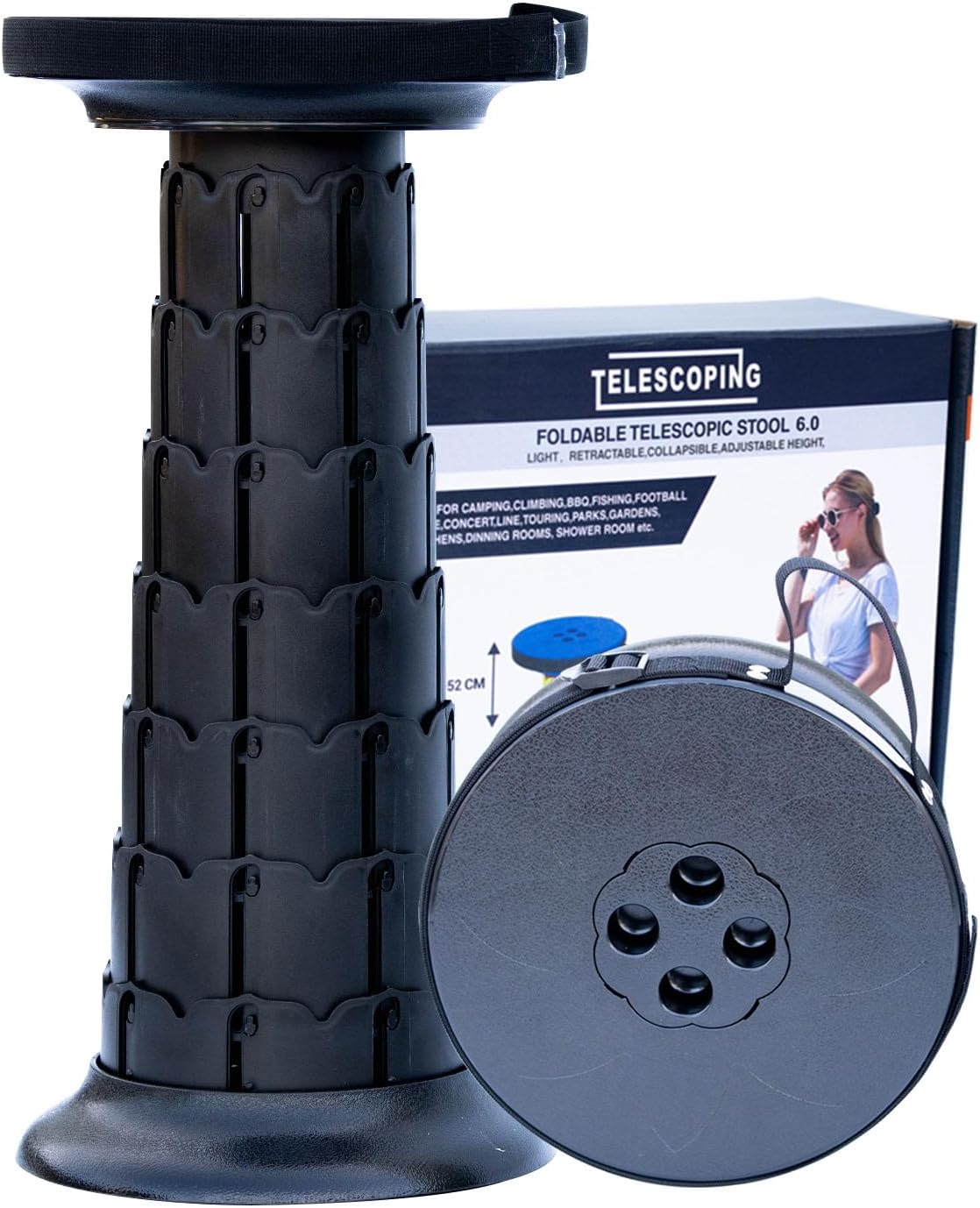 Telescopic Stool,20.4" Portable Seat, Collapsible Chair with Carabiner for Camping/Fishing/Hiking/BBQ/Music Festival - Max Capacity 770lbs