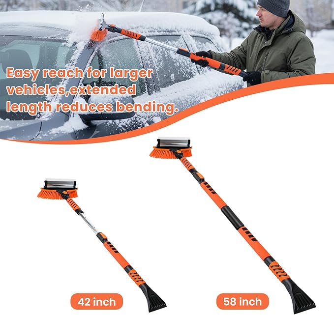 3in1 Snow Brush and Ice Scraper for Car Windshield,58'' Extendable Heavy Duty Snow Broom Vehicle Snow Removal Tool for Car SUV Trucks (58 inch)