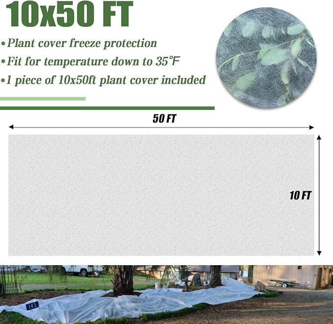 Plant Covers Freeze Protection, 10FT x 50FT 0.9oz Reusable Frost Cloth Plant Blankets Floating Row Cover for Garden Clod Winter Frost Sun Pest Protection