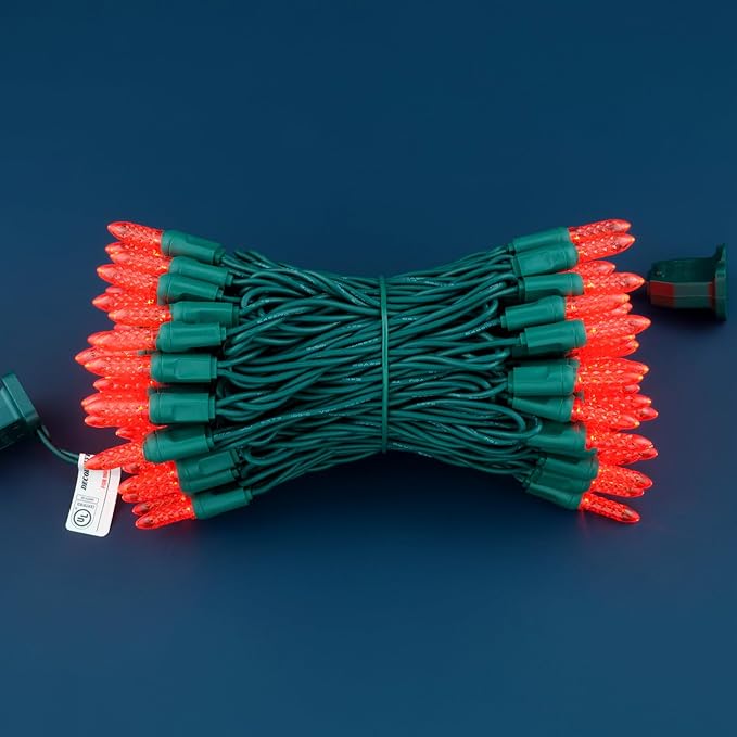 100 Red Faceted One-Piece LED Christmas Lights, 33 ft Green Cord High Waterproof UL Certified M6 Outdoor String Lights (Red)