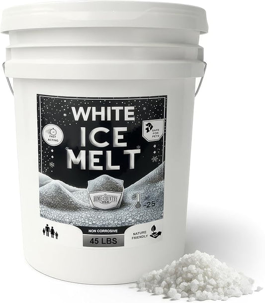 Peach Country White Ice Melt Pet Friendlier Eco-Friendly De-Icer, Fast-Acting Granules for Driveways, Walkways & Entryways, 45 lb Pail