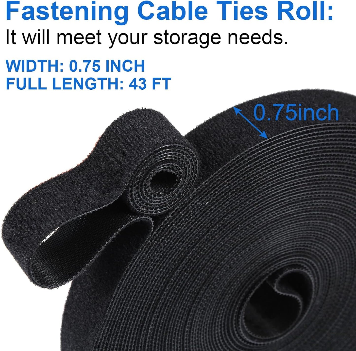 OneLeaf Fastening Cable Management Roll, 43ft x 3/4inch Cut to Length Straps, Reusable Multi-Purpose Cords Management, Double Sided Hook and Loop Cable Ties Roll (Black)