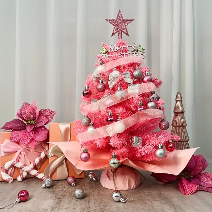 20" Mini Pink Christmas Tree, Artificial Small Christmas Tree with Lights, Tabletop Christmas Tree with Star Treetop,Bow Boxes and Ball Ornaments for DIY Christmas Decoration (Pink)