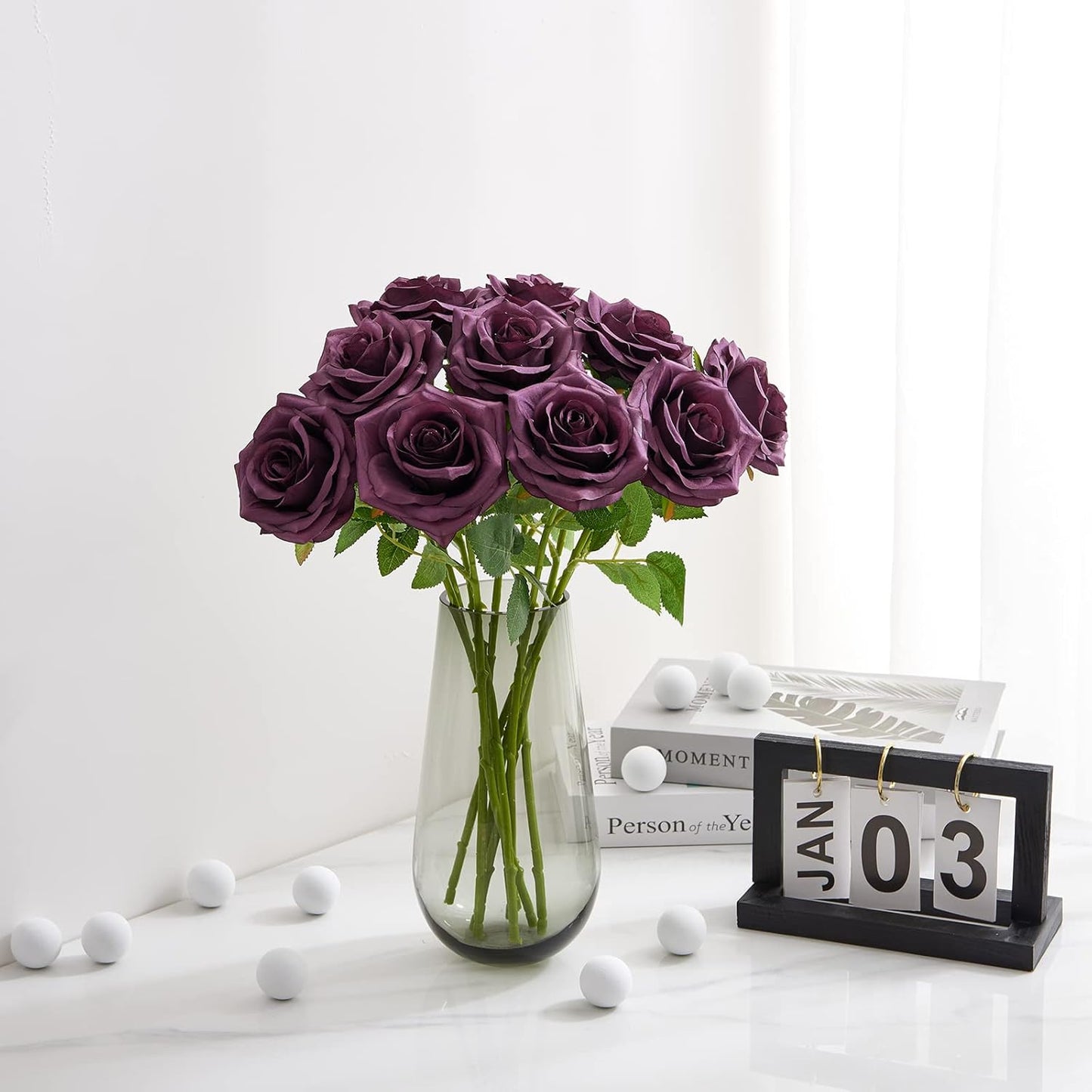 Plum Artificial Rose 10pcs Open Flower Bouquet Faux Rose Stems for Wedding Arrangement, Bridal Bouquet, Centerpiece, Fake Faux Silk Flowers