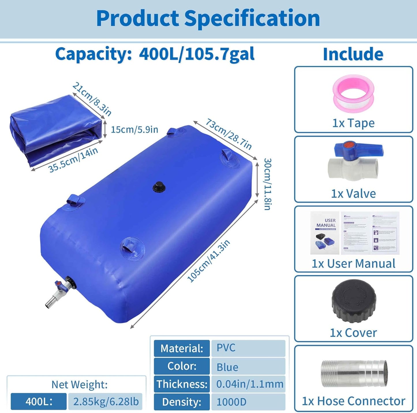 400 L/105.7 gal Water Storage Bladder Container Large Capacity Foldable Portable Water Tank Urgency Water Bladder Soft Water Bag RV Camping Garden Watering Field Irrigation 1000D