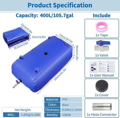 400 L/105.7 gal Water Storage Bladder Container Large Capacity Foldable Portable Water Tank Urgency Water Bladder Soft Water Bag RV Camping Garden Watering Field Irrigation 1000D