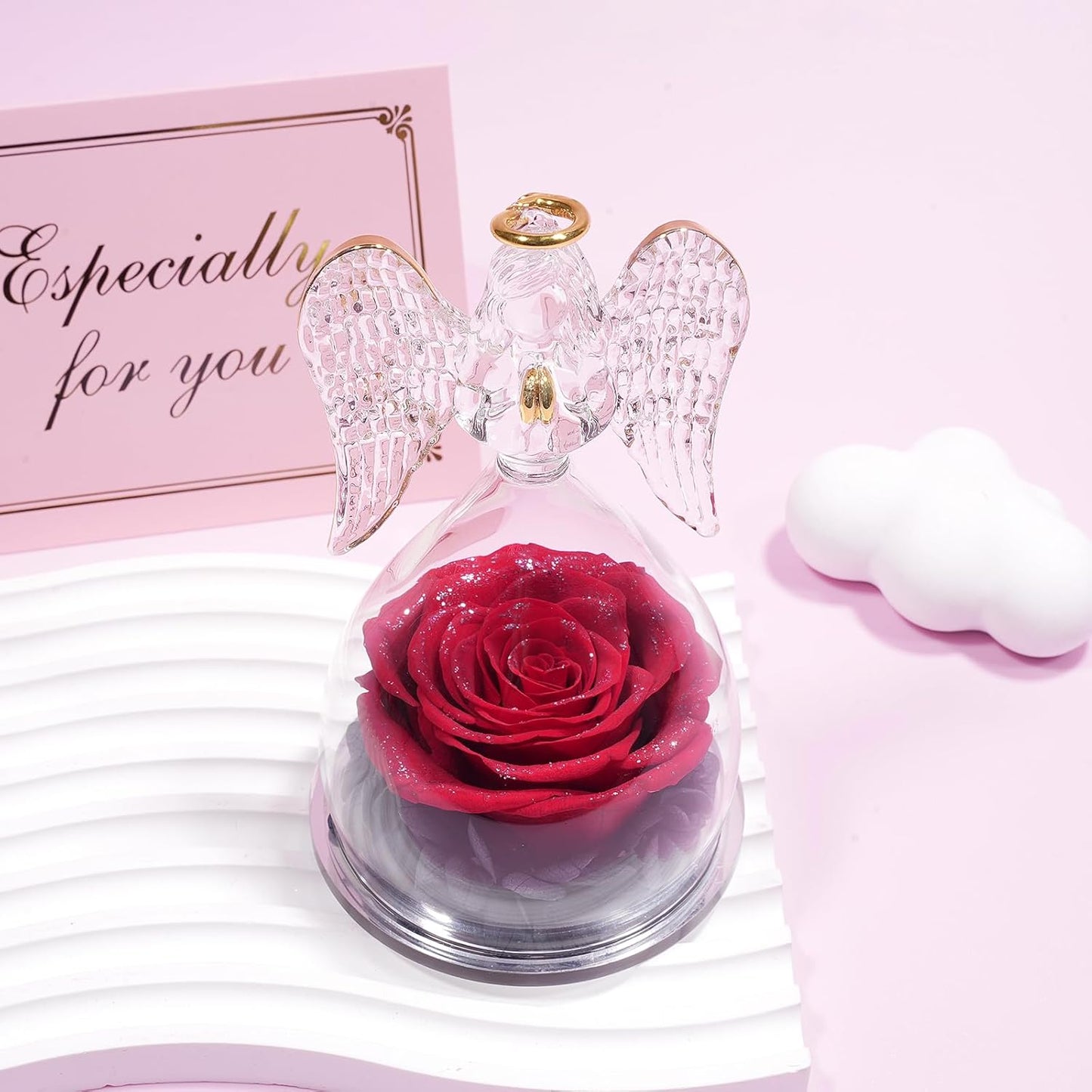 Yamonic Christmas Birthday Gifts for Mom, Angel Figurines with Real Rose Gifts for Her Mom Grandma, Preserved Rose in Glass Angel Figurines for Mothers Day Valentine's Day Gifts for Women (Red Sky)