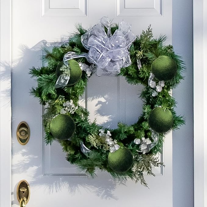 Green Velvet Ornaments for Christmas Tree 15 PCS, Big Neutral Flocked Christmas Bulbs Ornaments Set 3.15 Inch, Matte Suede Xmas Hanging Baubles Decorations (Sage Green)