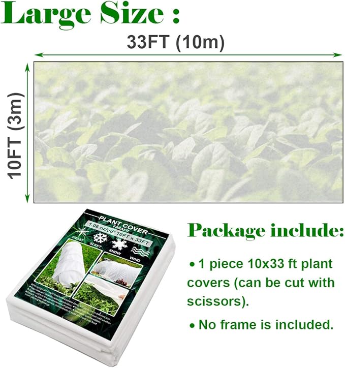 Plant Covers Freeze Protection, 10ft×33ft Reusable Rectangle Frost Protection Floating Row Cover Plant Blanket Garden Winterize Cover for Cold Weather Snow