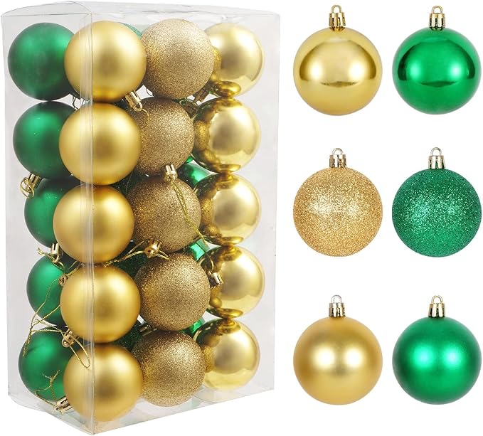 30ct Christmas Ball Ornaments, Shatterproof Christmas Tree Decorations, Perfect Hanging Ball for Indoor/Outdoor Holiday Party Decor (Green, Gold, 2.36'')