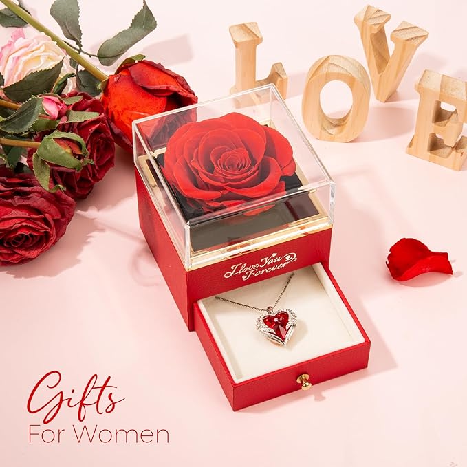 NEWNOVE Preserved Real Red Rose with Angle Wings Necklace, Mothers Day Flowers Gifts for Mom Grandma Wife Girlfriend, I Love You Gifts for Her, Anniversary or Birthday Gifts for Women