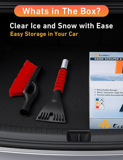 EcoNour 27" Car Snow Brush and Ice Scrapers for Car Windshield (Red- 2 Pack) | Scratch Free Bristle Head Snow Brush & Tough Window Snow Scraper with Aluminium Body