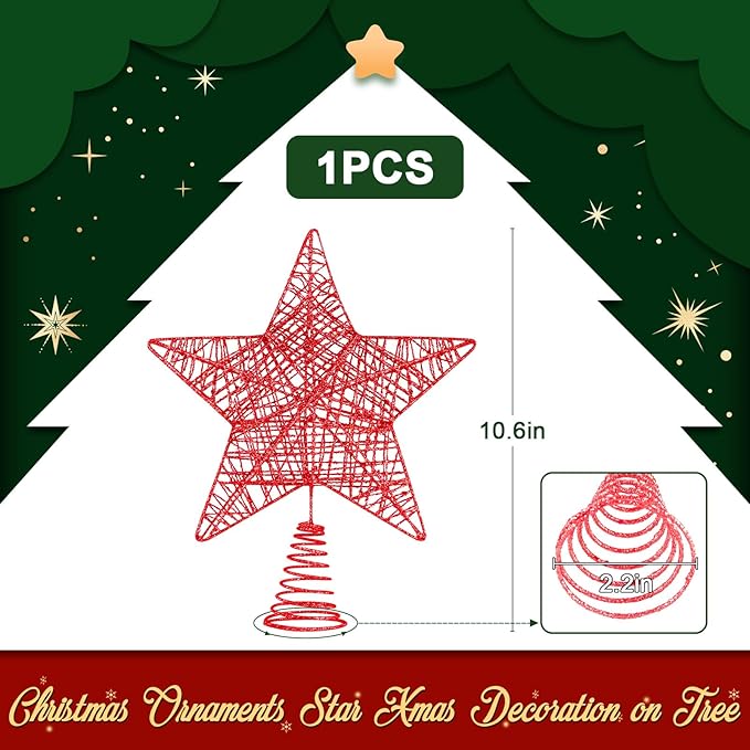 Christmas Tree Topper, 10" Glittering Xmas Star Treetop for Holiday Indoor Ornament Christmas Tree Decoration(Red)
