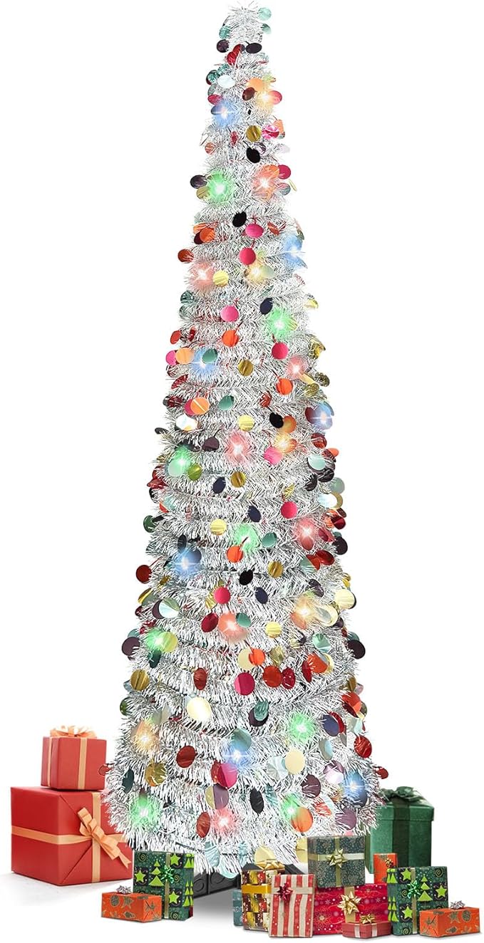 5 FT Pencil Christmas Tree, Collapsible Artificial Sequin Pop Up Christmas Tree, Skinny Pencil Tinsel Christmas Trees, Xmas Tree for Home Apartment Basement Fireplace (Silver Coloured)