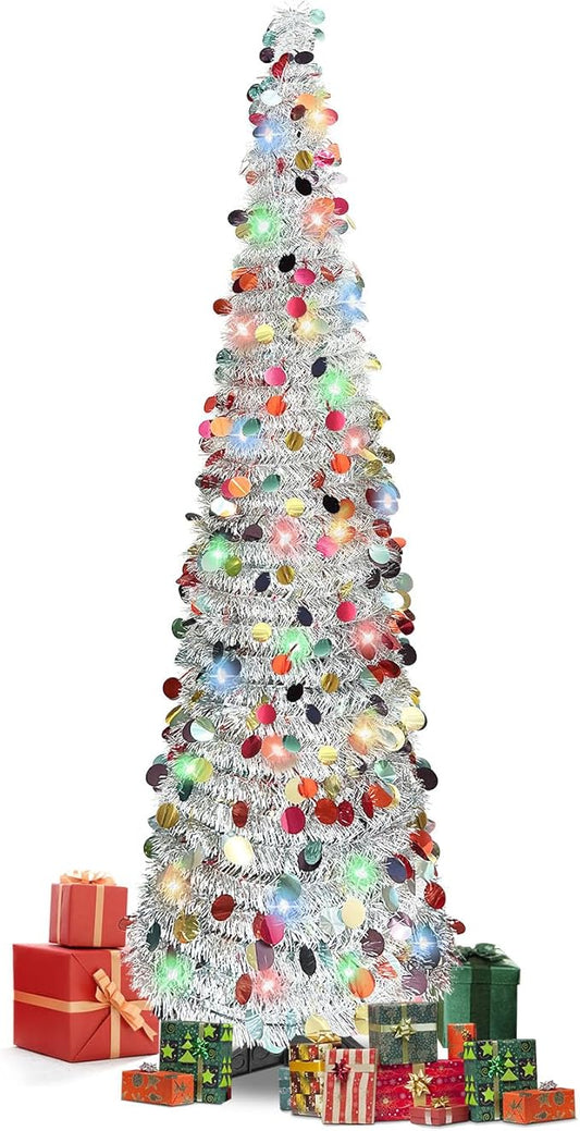 5 FT Pencil Christmas Tree, Collapsible Artificial Sequin Pop Up Christmas Tree, Skinny Pencil Tinsel Christmas Trees, Xmas Tree for Home Apartment Basement Fireplace (Silver Coloured)