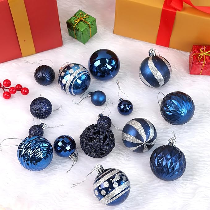 100PCS Christmas Ball Ornaments, Assorted Shatterproof Christmas Tree Decorations, Seasonal Decorative Hanging Baubles Decor Set for Xmas/Holiday/Party, Glitter&Painting Ornament Set (Navy Silver)