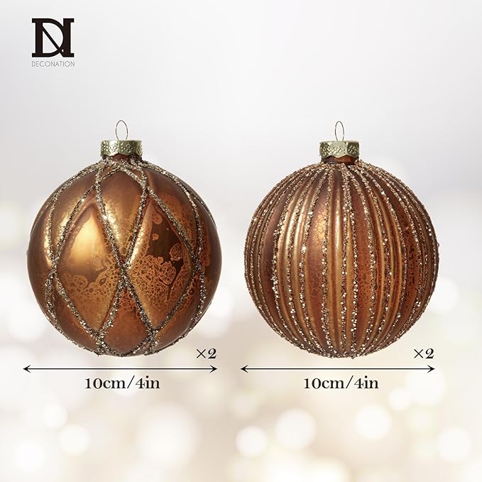 DN DECONATION 4PCS Christmas Ball Ornaments – 4” Brown Glass Hanging Ball Ornaments Set for Christmas Tree with Shimmering Gold Lines, Winter Decor Holiday Decorations Xmas Gifts