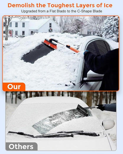 [Upgrade] Ice Scraper & Extendable Snow Brush for Car Windshield [Military-Grade Sturdy] - 360° Pivoting Brush Head with Silicone Grip for Effortless One-Swipe Clean on Auto (Large)