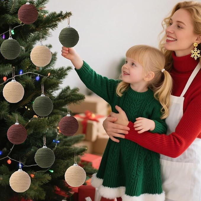 JOICEE 9 Pcs Boho Christmas Ball Ornaments Set, Jute Rope Hanging Balls Neutral Rustic Ornaments Christmas Ball Decoration for Xmas Tree Wreath Garland Party Farmhouse Decor(Green, Linen,Dark Brown)