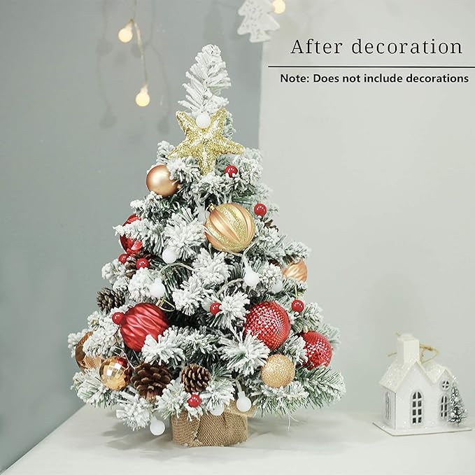 Pre-Lit Artificial Mini Christmas Tree,20 Inch Snow Flocked Small Pine Xmas Tree with 40 LED Lights,70 Branch Tips,Battery Operated Tabletop Christmas Tree Burlap Base-(50cm)