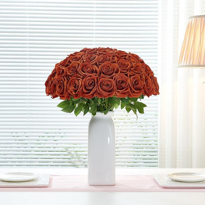 50Pcs Burnt Orange Roses Artificial Flowers Artificial Silk Roses Bulk,Fake Roses Flower with Stems Realistic Flowers for Wedding Centerpiece Home Party Decor