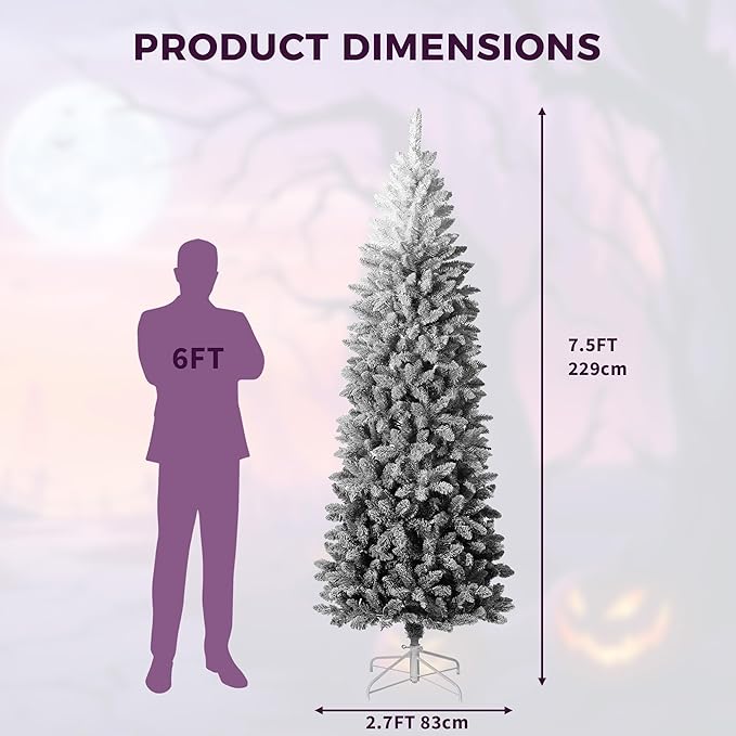 GAOMON 7.5Ft Prelit Black Christmas Tree with Lights Slim Artificial Halloween Christmas Tree Artificial Pencil Tree Automatic Branches for Home, Office, Party Decoration, White & Black Gradient