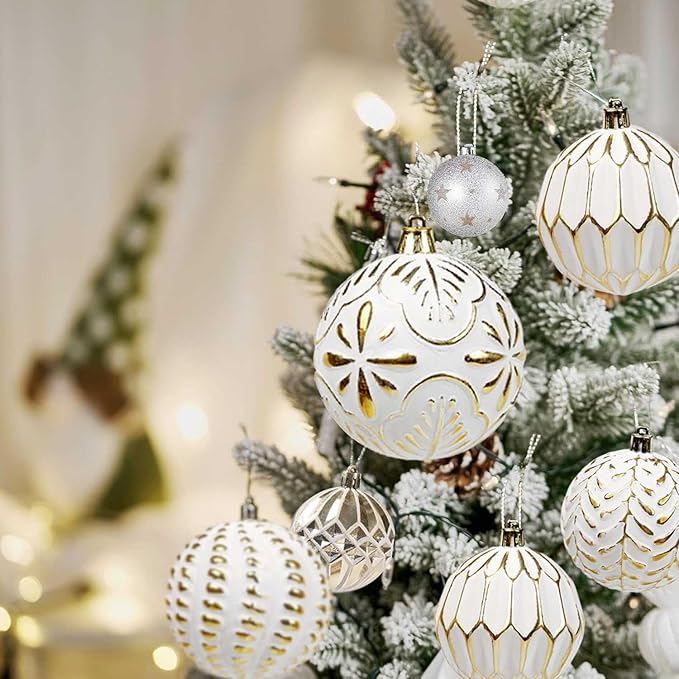 Christmas Ball Ornaments Set, 16ct 80mm Elegant White and Gold Assorted Xmas Tree Ball Ornaments, Shatterproof Christmas Tree Hanging Ornaments for Xmas Decoration