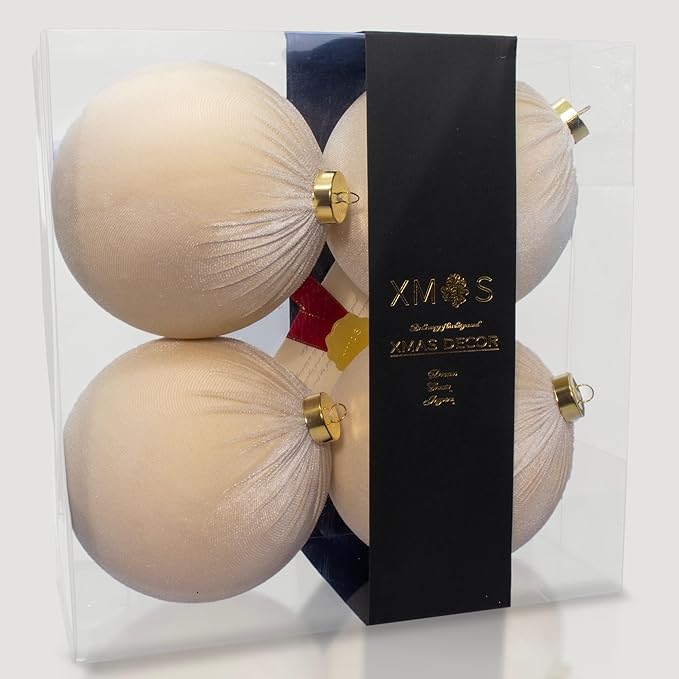 4PCS White Velvet Christmas Ornaments Set – 6 Inch Large Flocked Shatterproof Baubles for Xmas Tree Decoration, Hanging Ornaments for Holiday & Home Décor (Ivory White, 6 Inch / 15 cm)