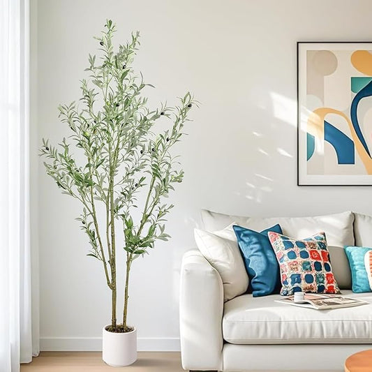 Artificial Fake Olive Tree 6FT Tall 1Pack with White Planter Faux Silk Olive Tree for Home Living Room Office Decor Faux Artificial Plants Indoor with Fruit & Free Moss