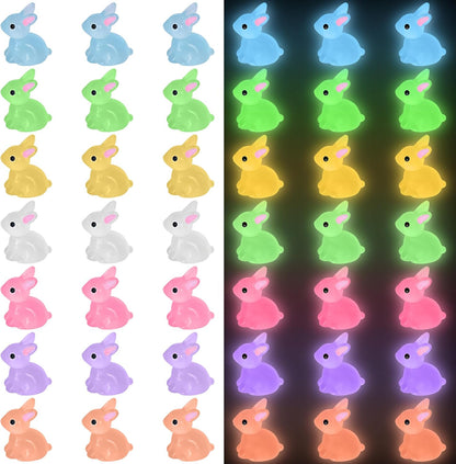 50 PCS Luminous Mini Resin Bunny Tiny Plastic Rabbits Glow in the Dark Miniature Bunnies Figurines for Easter Egg Fillers Fairy Garden Miniature Moss Landscape Decoration (7 Colors Tiny Bunny)