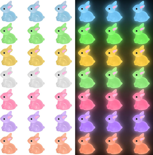 50 PCS Luminous Mini Resin Bunny Tiny Plastic Rabbits Glow in the Dark Miniature Bunnies Figurines for Easter Egg Fillers Fairy Garden Miniature Moss Landscape Decoration (7 Colors Tiny Bunny)