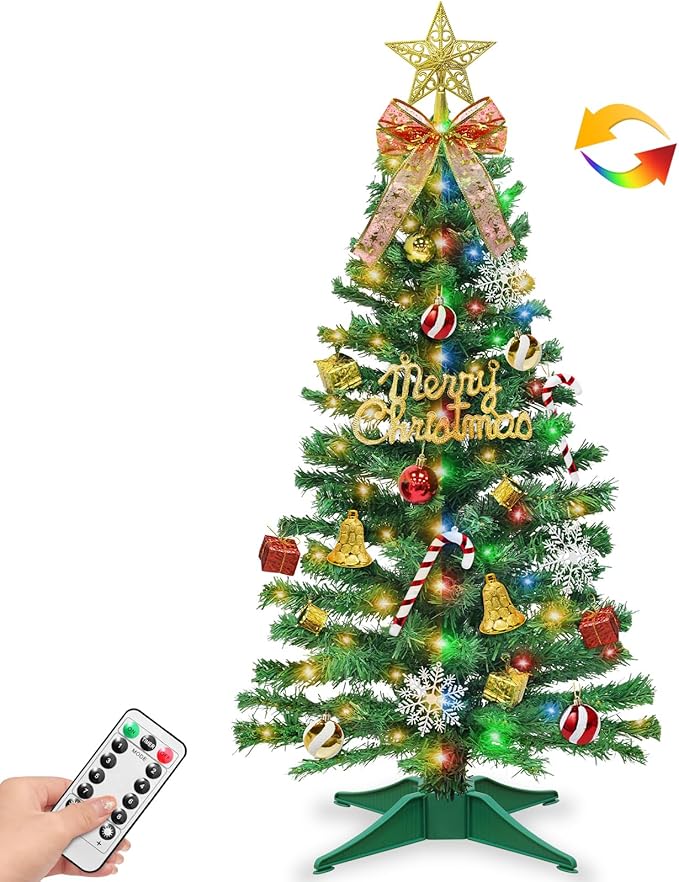 Dual Color Change 3Ft Small Christmas Tree with Timer Remote, 8 Modes 50 Warm White&Colorful Change Lights, 3D Star&44 Ornaments, Battery Operated, Mini Christmas Tree Table Indoor Holiday Party Decor
