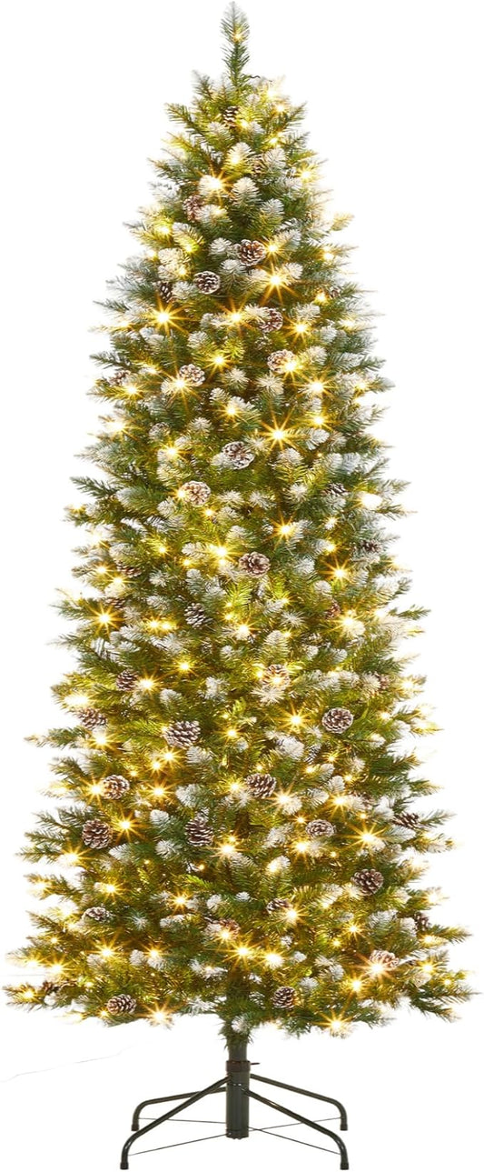 GarveeHome Pencil Christmas Tree Pre-lit Slim Holiday Decoration, Skinny Décor LED Lights, Metal Stand,Xmas Tree for Room, Bedroom, Apartment, Outdoor Porch, Office (Green and White, 6 ft)