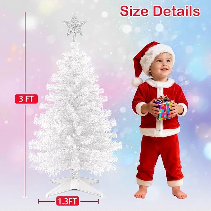 3 Ft White Artificial Christmas Tree for Tabletop, Foldable Xmas Tree with 4-Leg Stable Base for Indoor Outdoor Home Office Party Christmas Decorations