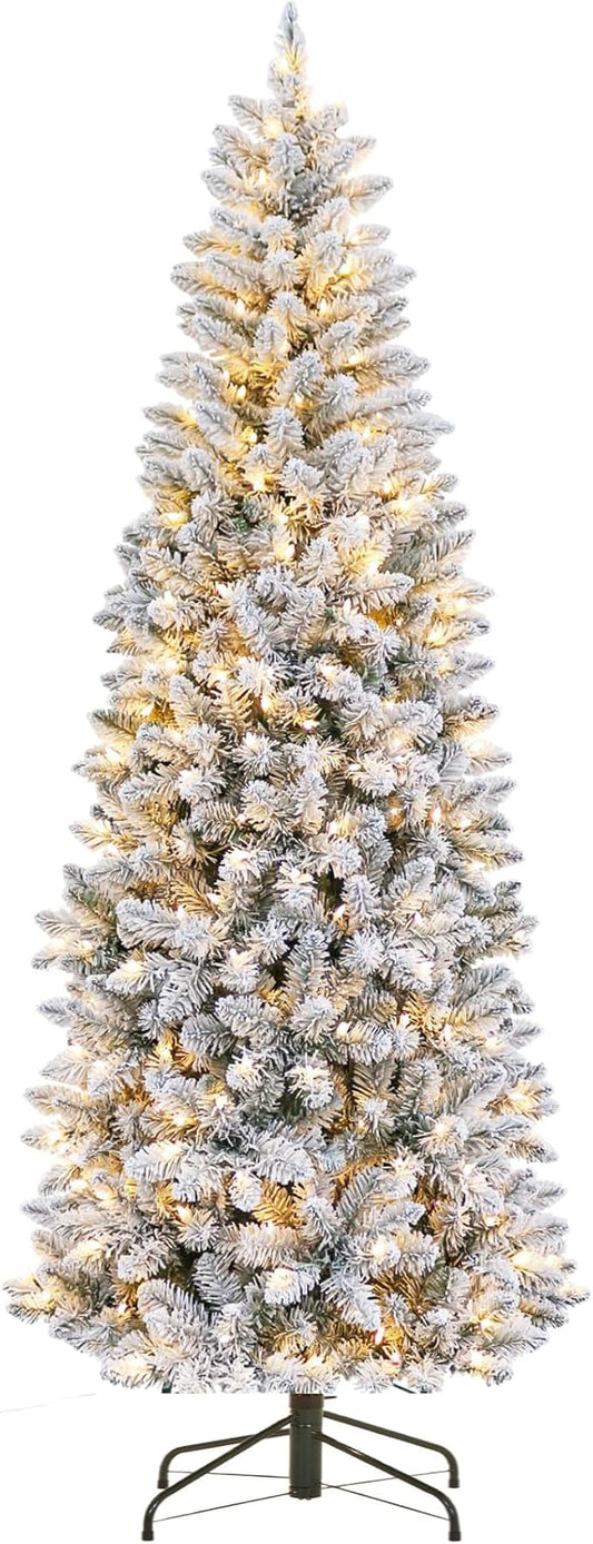 GarveeHome 6 ft Pencil Christmas Tree, Pre-Lit Frosted Artificial Tree, Skinny Xmas Trees Holiday Decoration, with LED Light and Metal Base