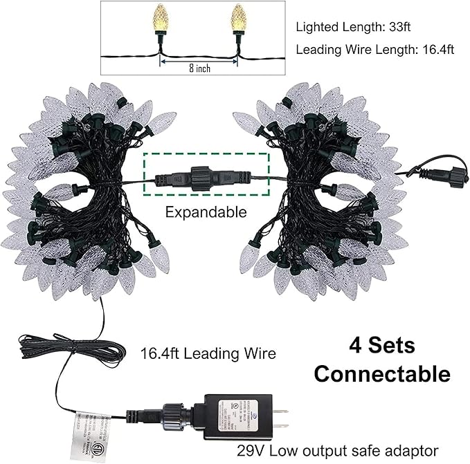 Dazzle Bright C9 Christmas Lights Outdoor, 50 LED 33ft Waterproof Green Wire String Lights, Indoor Outdoor Fairy Lights for Christmas Tree Xmas Yard Party Wedding House Decorations (Warm White)