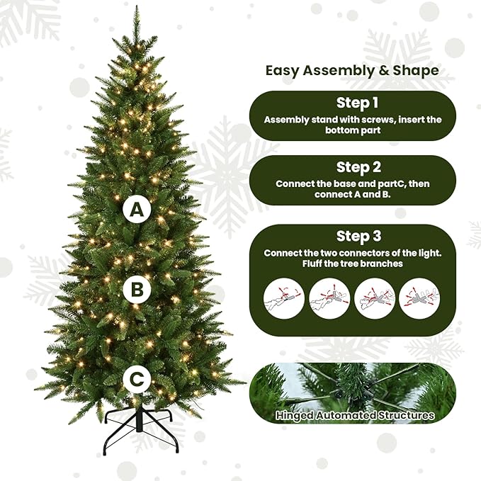 4ft Pre-Lit Artificial Pencil Green Christmas Tree with Warm White 150 LED Lights, Hinged Realistic Slim Xmas Tree w/Sturdy Metal Stand, 424 Tips for Home, Office, Party Decoration Indoor