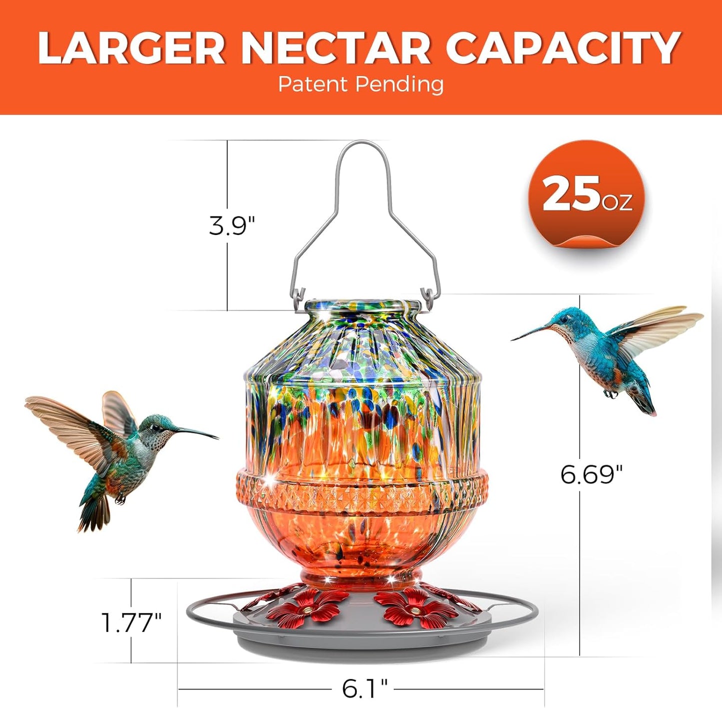 Blown Glass Hummingbird Feeders for Outdoors, 25 Ounces Wild Bird Nectar Feeder with Perch & 5 Flower Feeding Ports Leak Proof Hanging for Garden Backyard Decor, Gifts for Women Mom, Orange