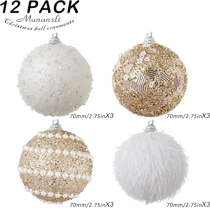 Champagne Gold Christmas Ball Ornaments, Christmas Ball Decorations Shatterproof Plastic Hanging Pearl Balls for Holiday Party(70mm/2.76", 12ct)