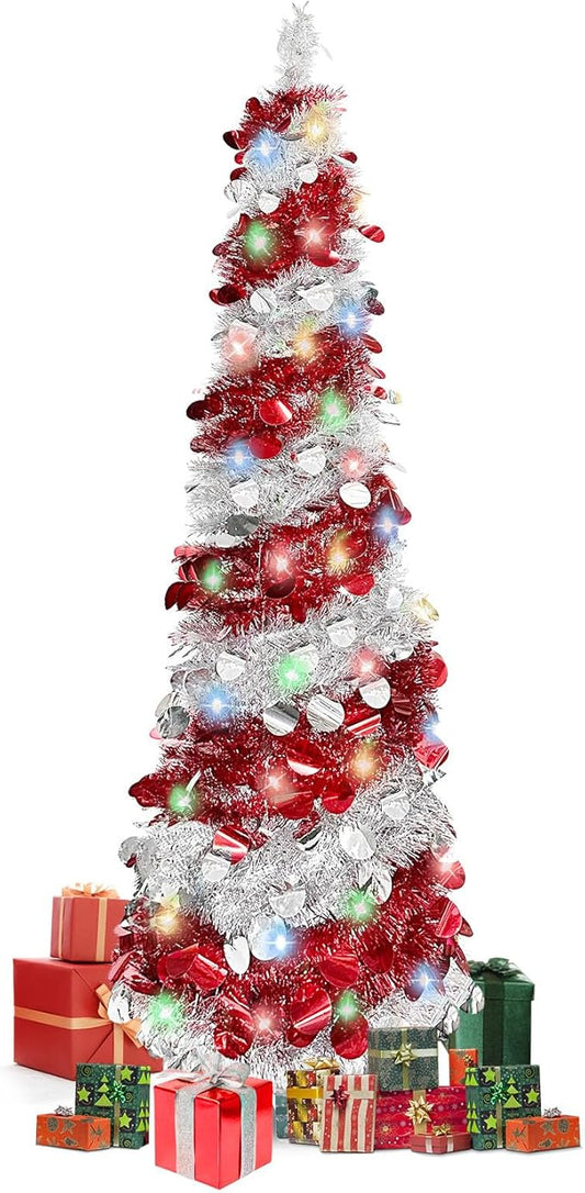 5 FT Pencil Christmas Tree, Collapsible Artificial Sequin Pop Up Christmas Tree, Skinny Pencil Tinsel Christmas Trees, Xmas Tree for Home Apartment Basement Fireplace (Red Silver)