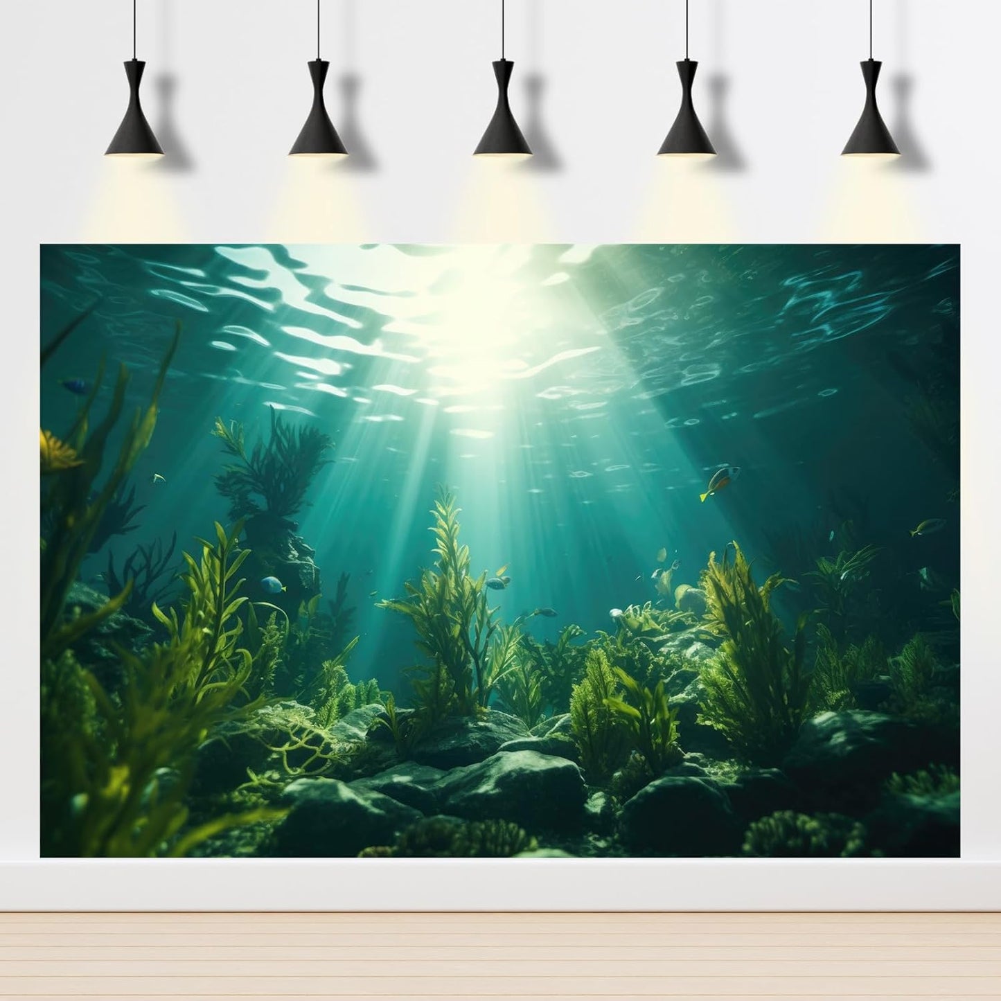 Ocean Aquarium Background Aquatic Plants with Rocks Terrarium Backdrop Sunlight Rays Deep Sea Fish Tank Background Aquarium Wallpaper Poster Decor Vinyl 36x24in