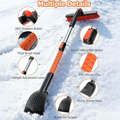 [2025 Upgrade Extendable Car Snow Brush and Ice Scraper [3-in-1] Clean Snow, Ice and Frost, 45''Adjustable Length with 360° Rotating Brush Head, Suitable for All Cars-Medium