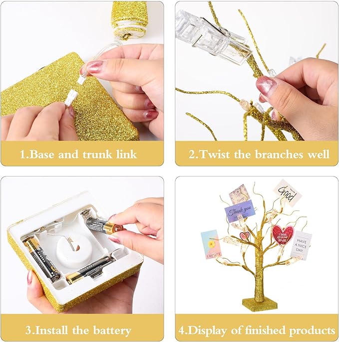 Mudder Money Holder Tree Present Card Holder with 12 Clear Clips LED Birch Twig Lights Tabletop Display Tree for Christmas, Valentines, Memo, Photo, Wedding(Vivid Style,Gold, Warm White)