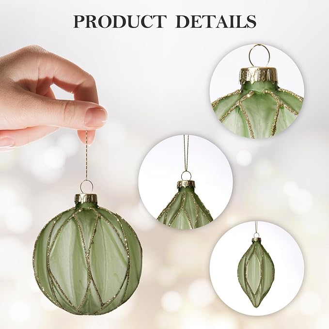 WDS WONDROUS Christmas Ball Ornaments, Vintage Ball & Teardrop Xmas Tree Ornament Set, Hanging Assorted Glass Balls for Holiday Home Party Decor (9Pcs, Sage Green & Gold Line)