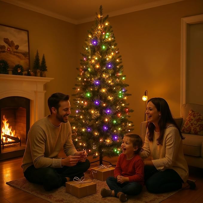 Himimi Pre-Lit Christmas Trees Slim Fraser Fir Artificial Tree with Multicolor LED Lights, Layered Brach Tips Noble Holiday Décor, Foldable Metal Stand & Protective Foot Caps, 6 Foot